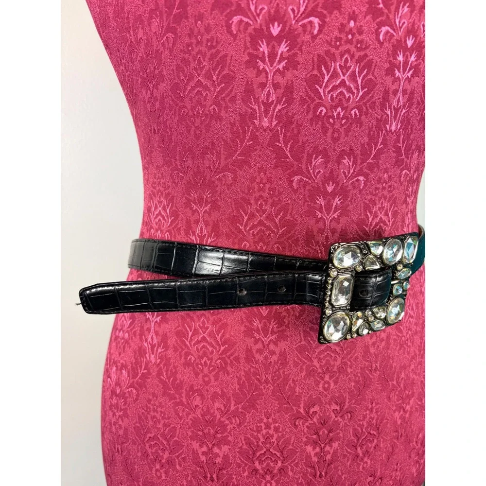 Black Croc Embossed Leather Belt Medium Crystal Rhinestone Western Glam Festival